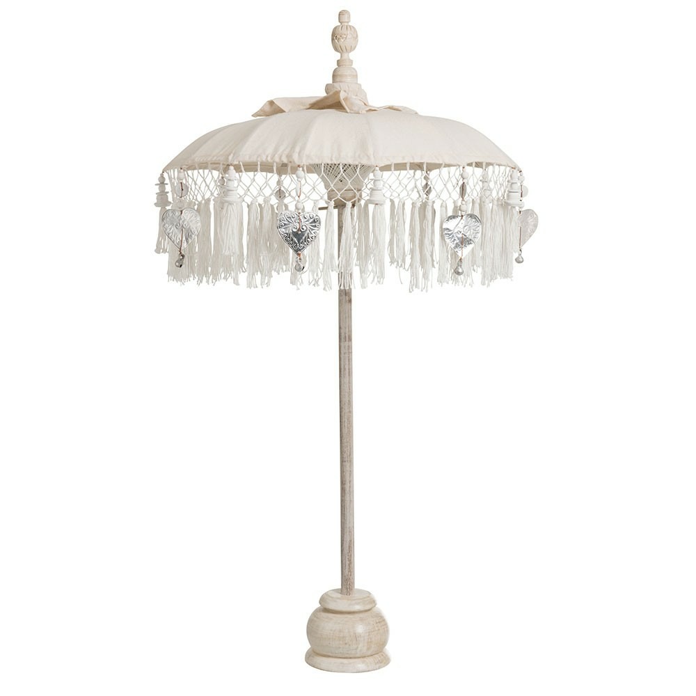 Parasol + pied + pompon coton/bois creme/argent s