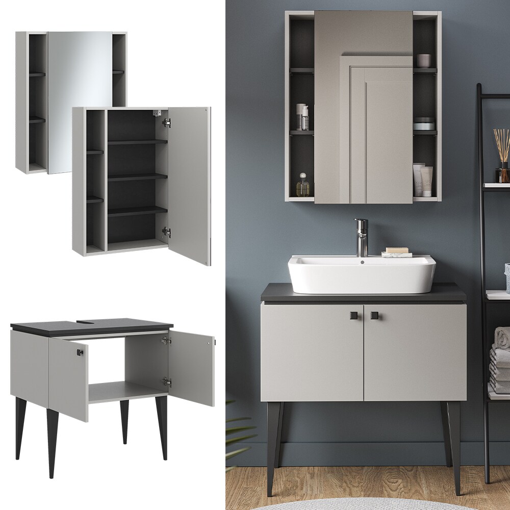 Vicco Badmöbel-Set Gerta in Grau-Schwarz, Badezimmer-Set, moderne Badserie, Spiegelschrank, Waschbeckenunterschrank
