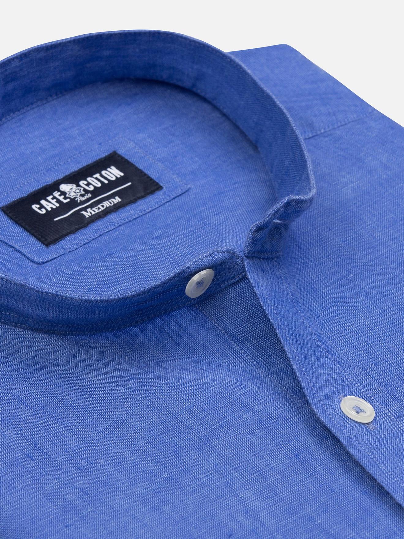 Chemise cintrée col mao Olaf en lin indigo