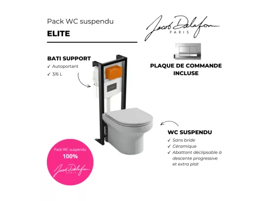 Pack WC suspendu sans bride JACOB DELAFON Elite + bâti-support + plaque Chrome
