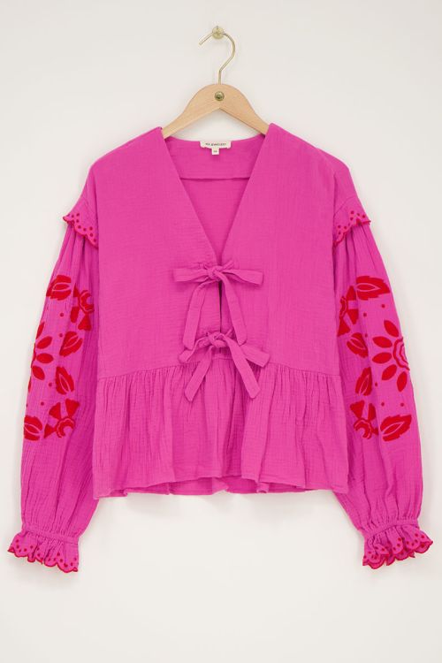 Roze mousseline blouse met embroidery en strikjes