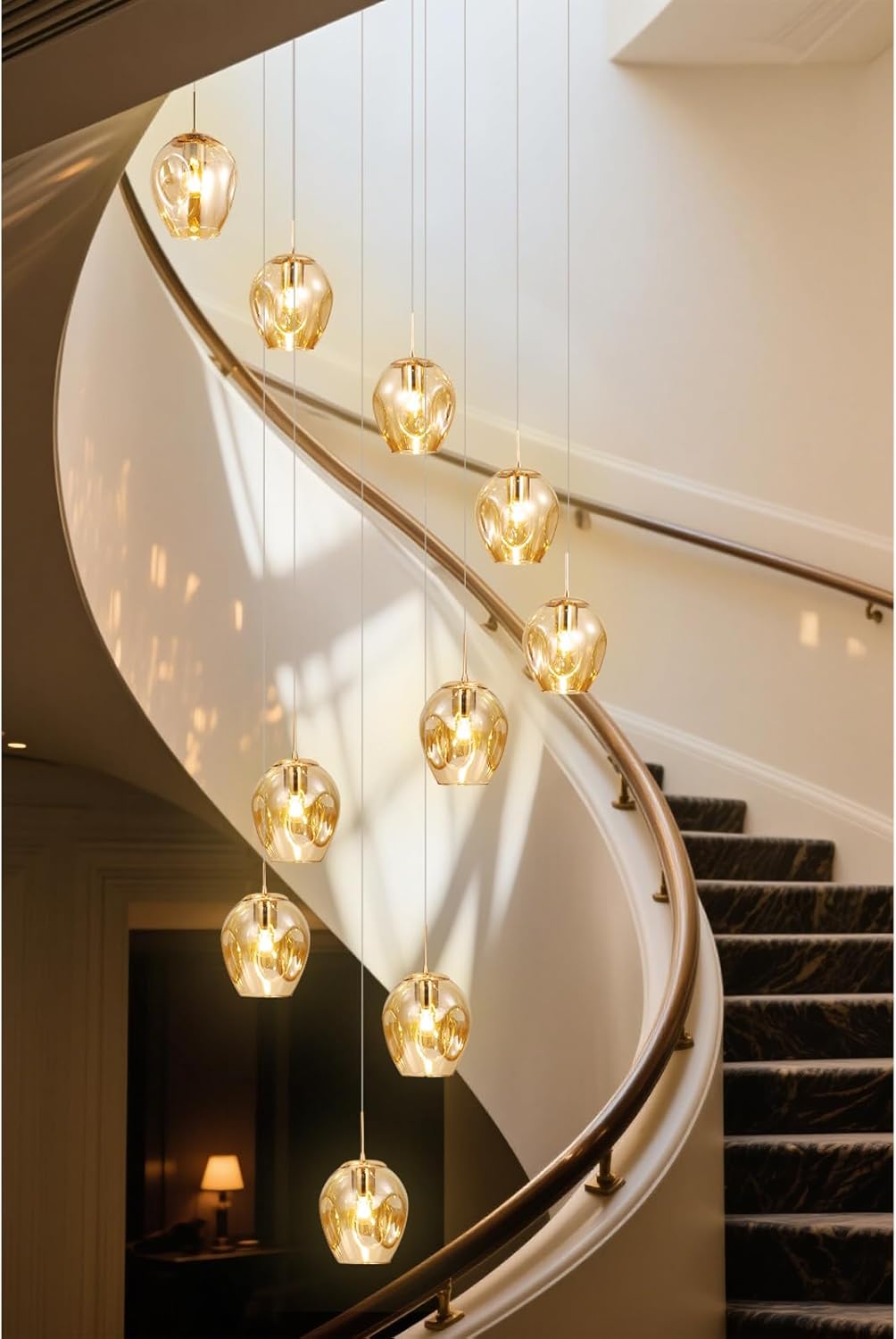 Pendelleuchte 10 Flammig Treppenhaus Glaskugeln Lampe Lang Decke Hängelampe,Längenverstellbare Hängeleuchte Kugelleuchte,Kugel Glas Hängend Deckenleuchte für Galerie,Treppenspirale,Flur