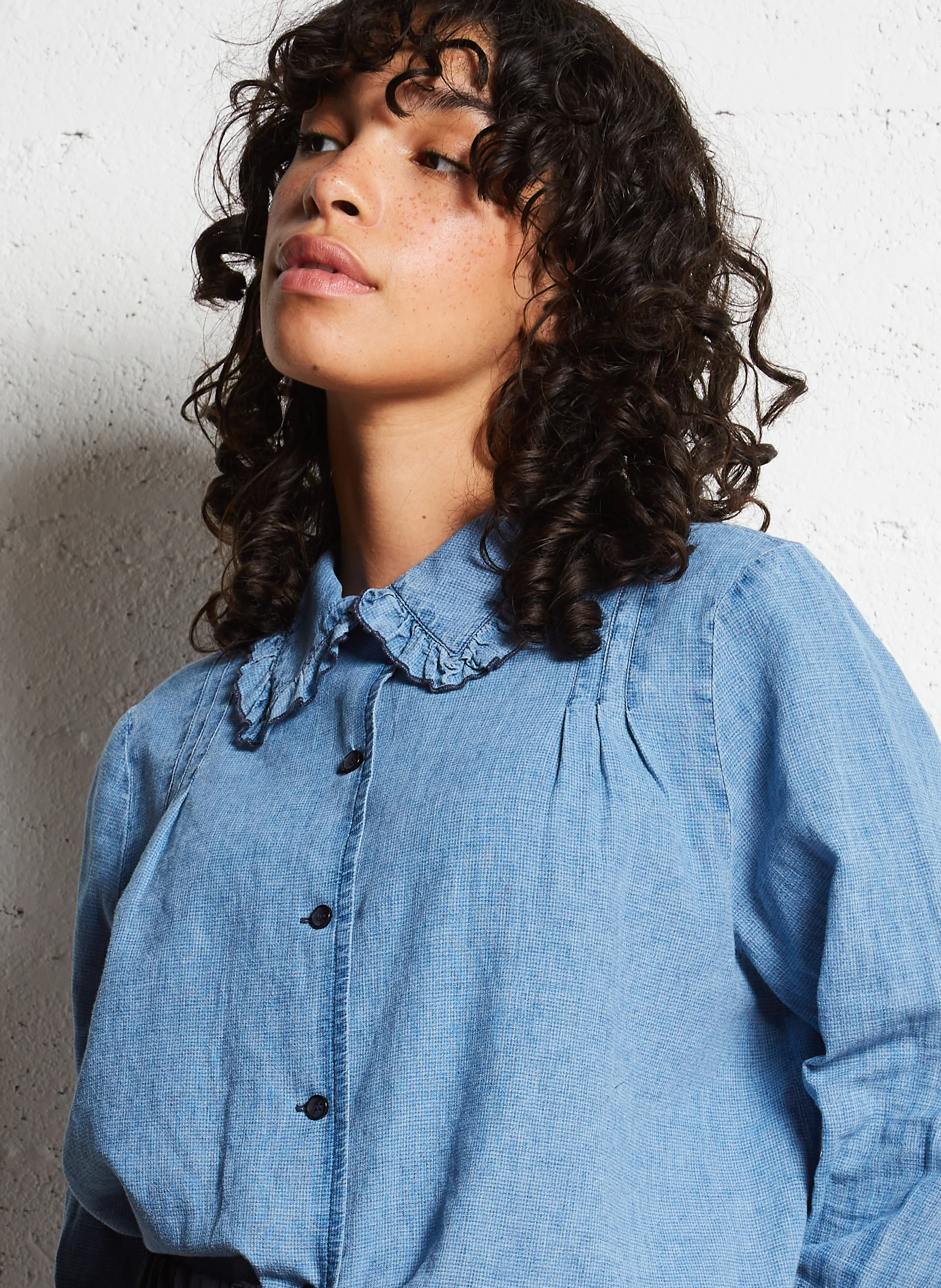 FERNANDA - Chemise col classique ample en lin et coton mélangé | Bleu