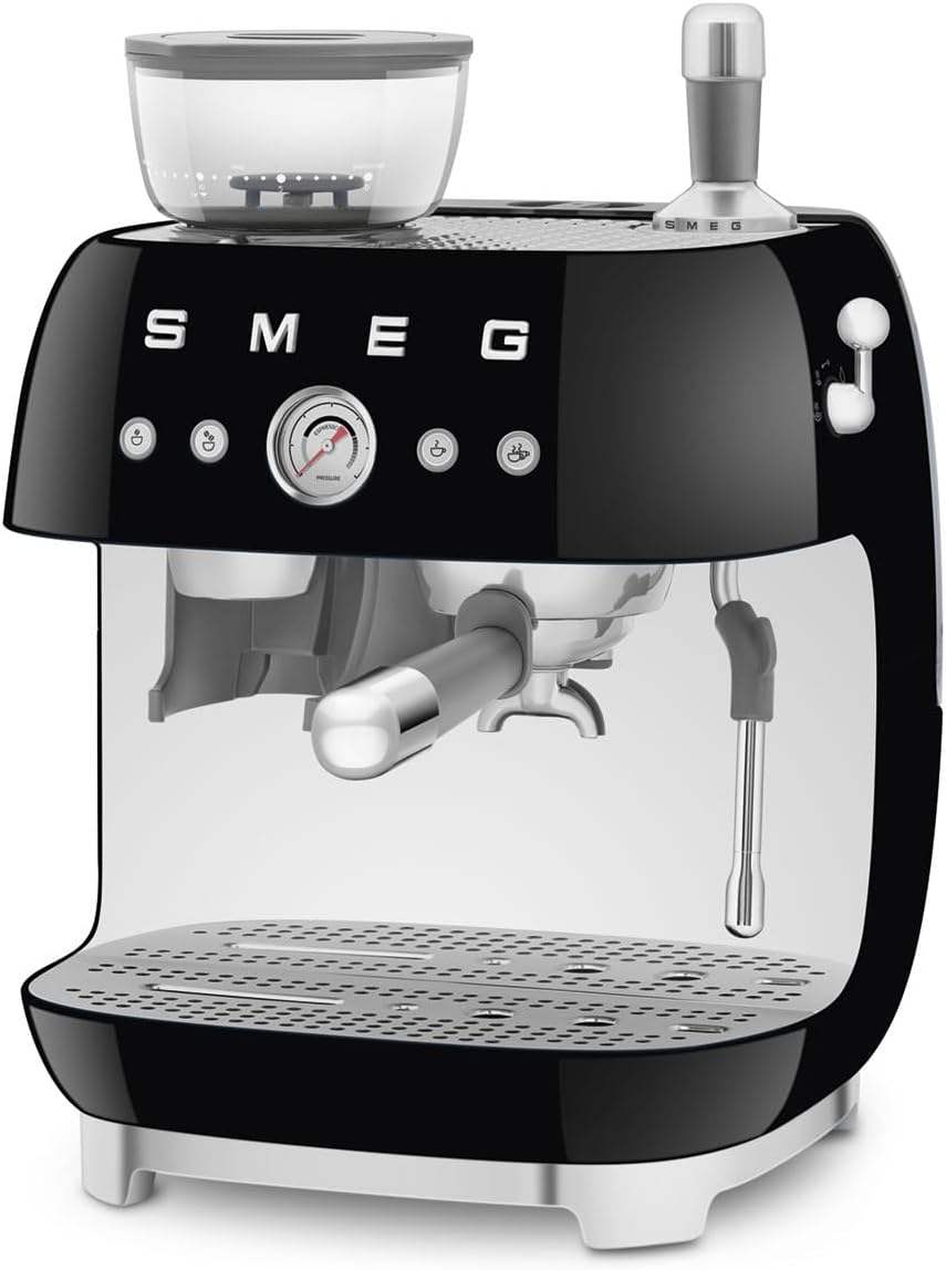 Smeg, Machine à Café Expresso Manuelle EGF03CREU, avec Broyeur à Grain Intégré, Thermoblock, 4 Niveaux de Température, Buse Vapeur et Manomètre, Réservoir 1 L, Dimensions Compactes, 1350W, Crème
