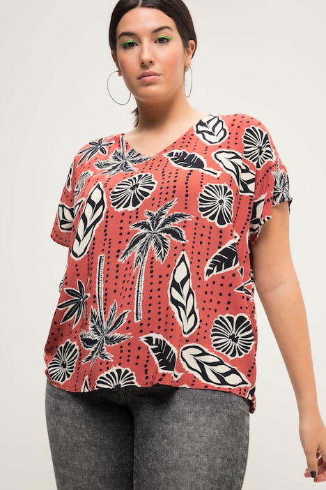 Blusenshirt, oversized, Palmen Print, V-Ausschnitt