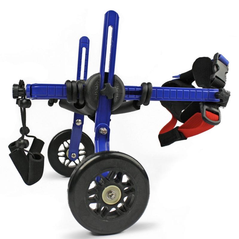 Cadeira de rodas azul para cães de 4 a 11 kg com ajuste automático.