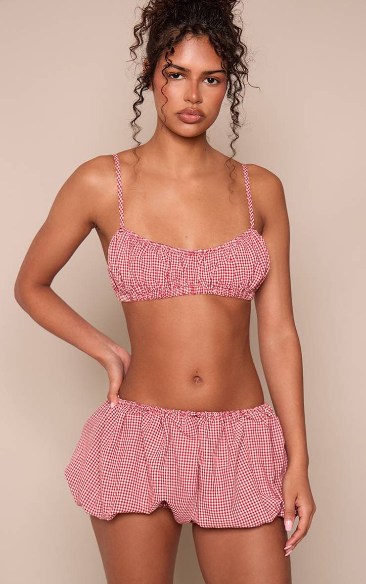 Rouge Ensemble Short Bouffant Froncé À Carreaux Vichy