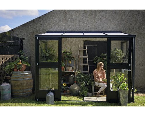 Aanbouwkas JULIANA Veranda 4,4 m² 3 mm veiligheidsglas 296 x 149 cm antraciet/zwart