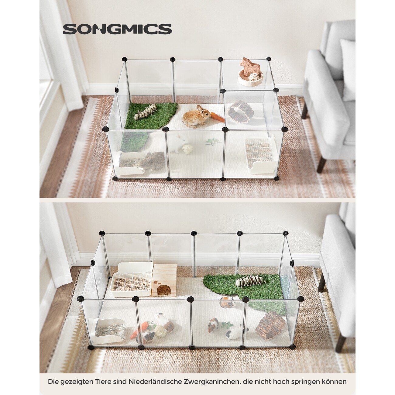 SONGMICS 2er set L-XL Freigehege mit Bodenplatten weiß 1,25 m, 63 cm, 42 cm