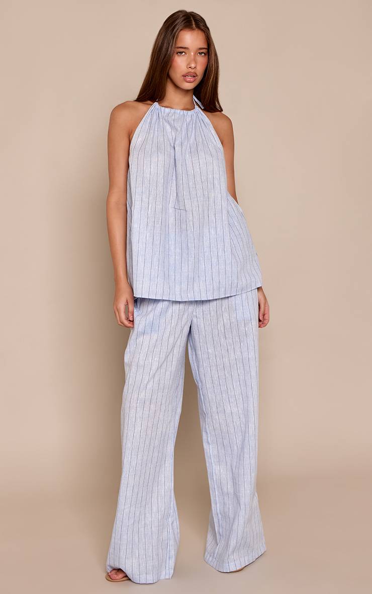 Bleu Pantalon Large Rayé À Taille Basse Coordonné