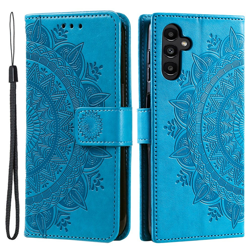 Samsung Galaxy A55 Leder Tasche Wallet - Mandala Flowers Imprint - Blau