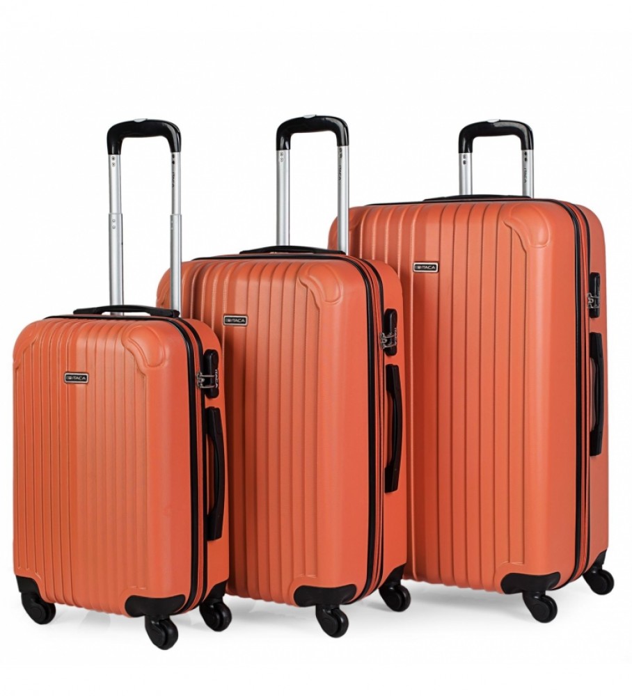 Conjunto de malas rígidas ITACA com 4 rodas, tamanhos 55/64/73 cm, cor laranja.