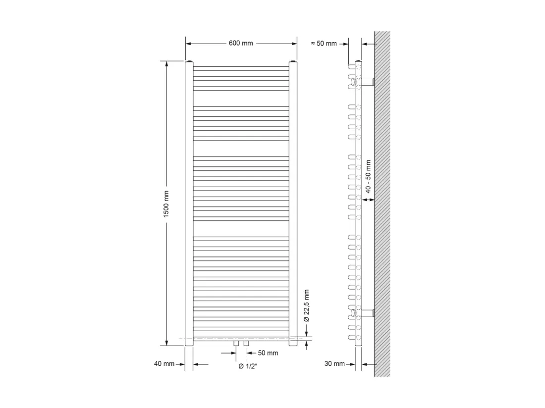 Radiateur Design Sahara Non Electrique, 600 x 1500 mm, Blanc, Connexion Central