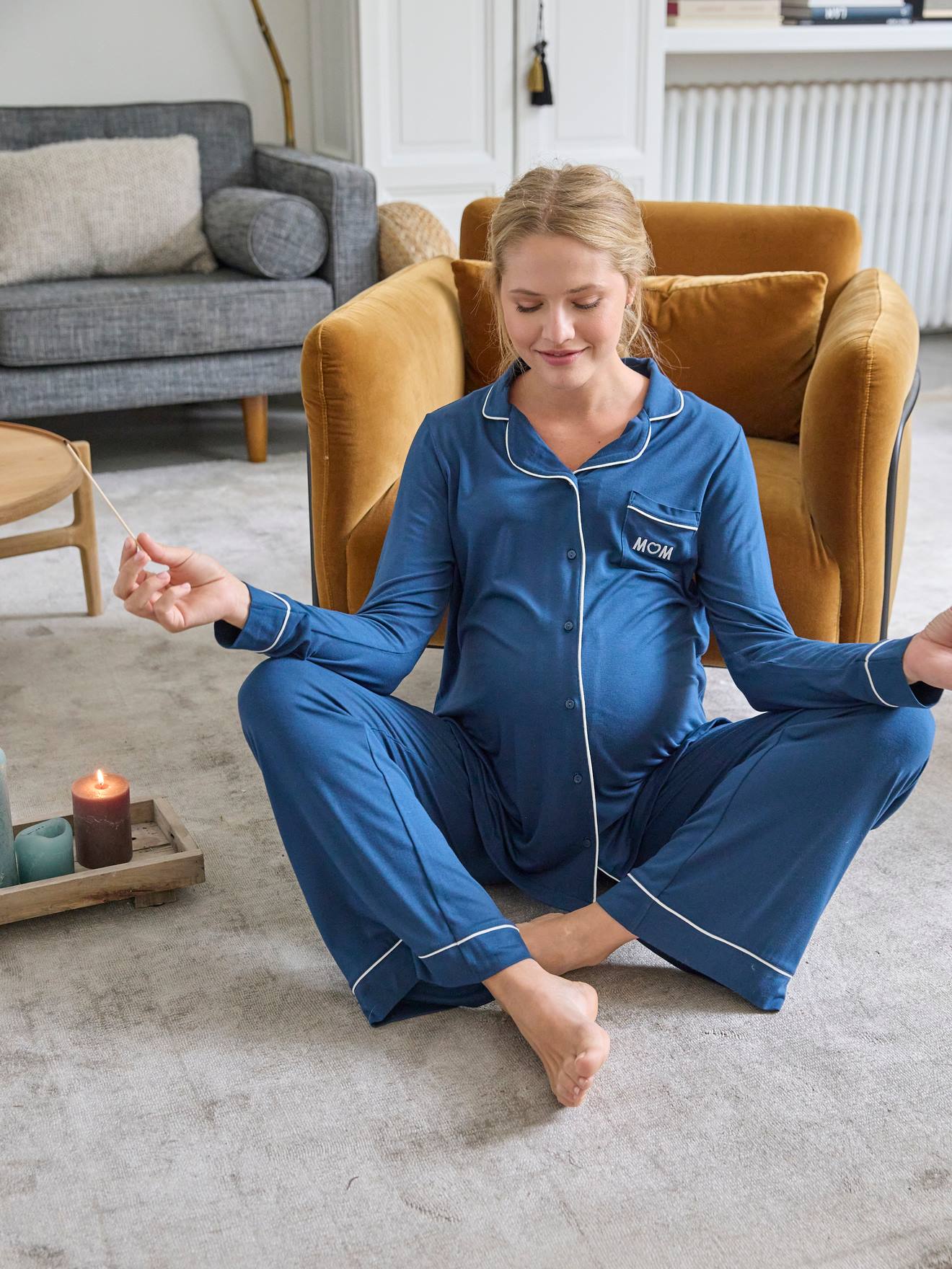 Conjunto de pijama de maternidade liso azul oceano de 2 peças