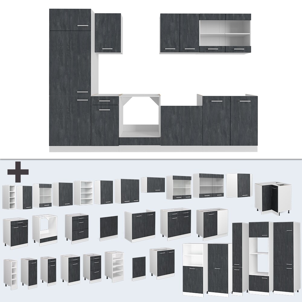 Vicco Küchenzeile R-Line 300 cm Schwarz Beton Weiß ohne Arbeitsplatte