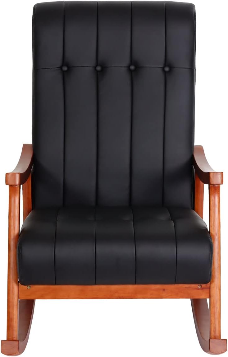 Mendler Schaukelstuhl HWC-K10, Schaukelsessel Schwingstuhl Relaxsessel FSC® - Kunstleder schwarz, Gestell Walnuss-Optik