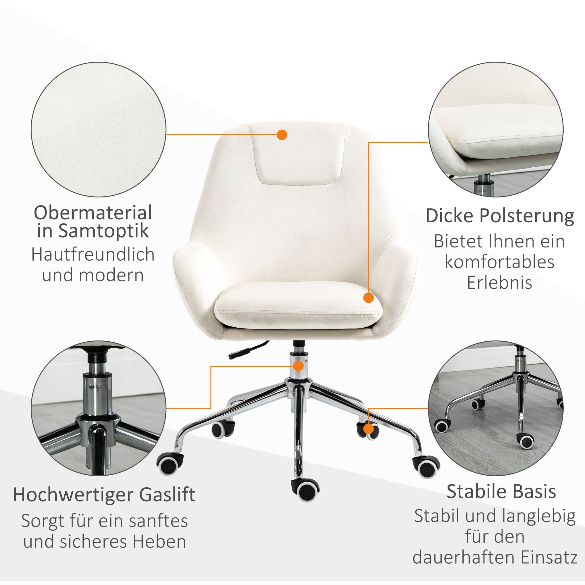 Vinsetto Bürostuhl mit Rollen weiß 65L x 66B x 97H cm