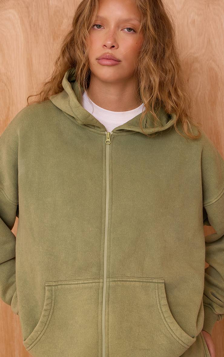 Vert Sauge Sweat À Casynthétiqueche Zippé Effet Délavé À L'acide