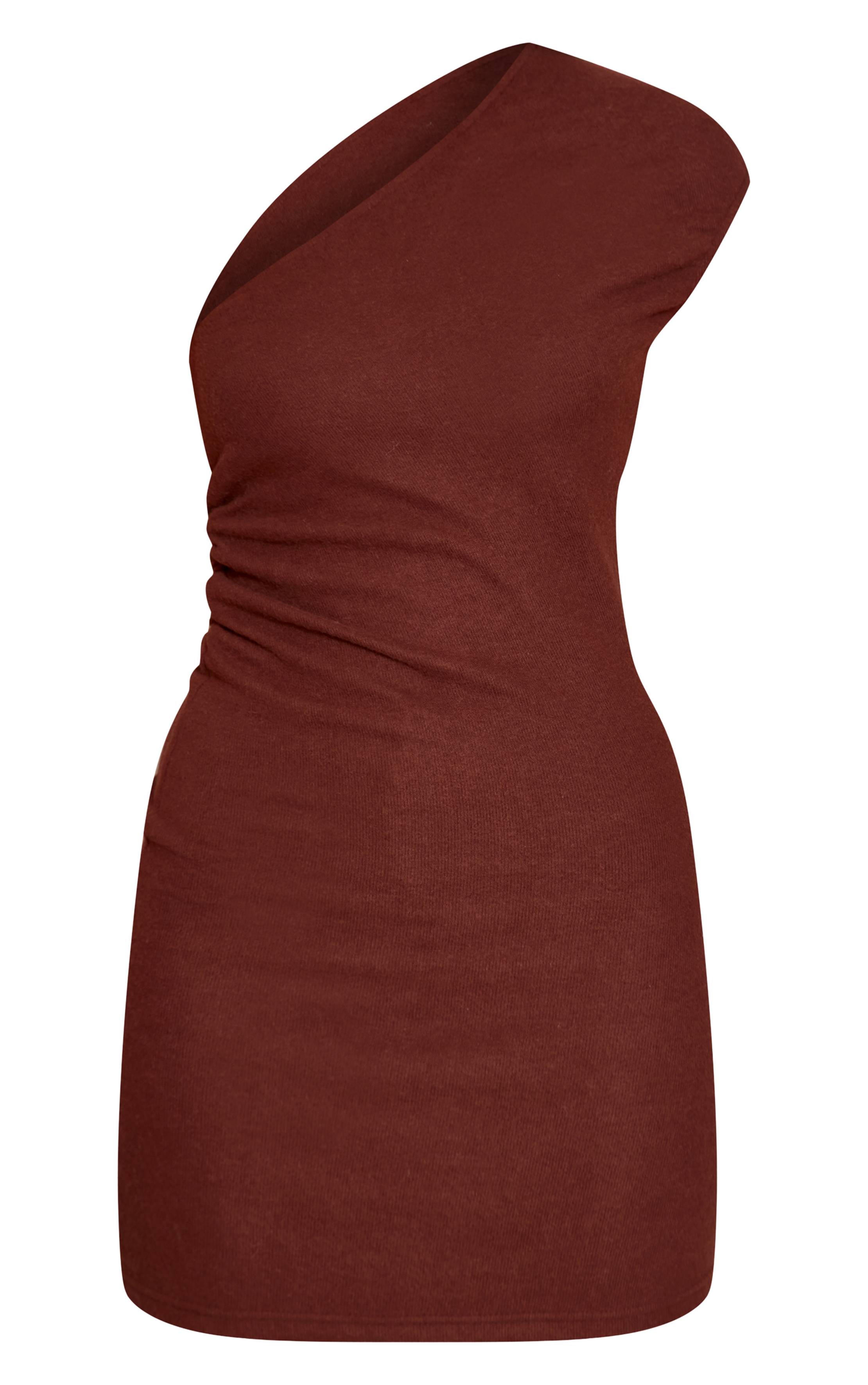 Marron Robe Moulante Asymétrique Drapée En Tissu Brossé Doux