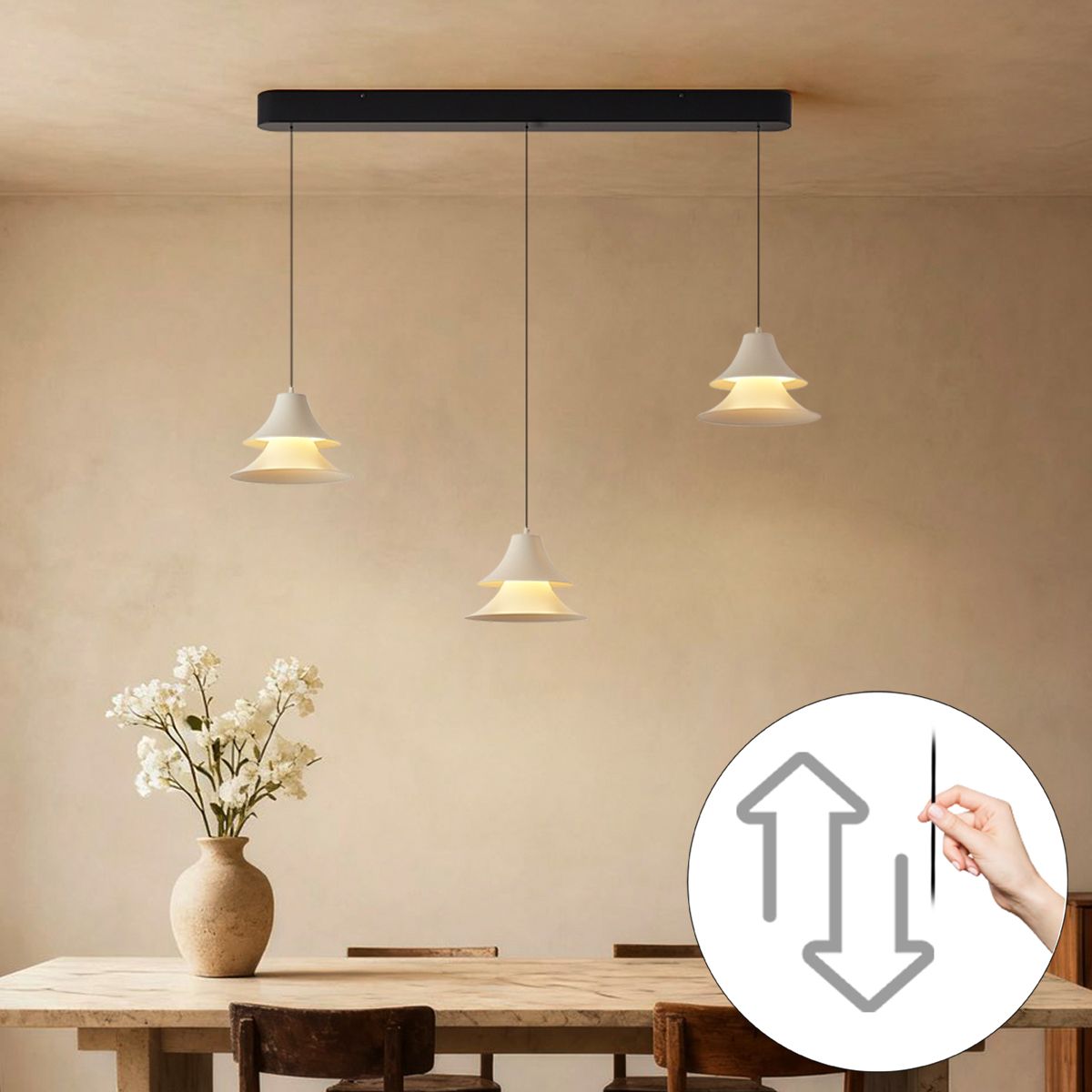 Hanglamp zwart met beige incl. LED 3-staps dimbaar 3-lichts easylift - Witch