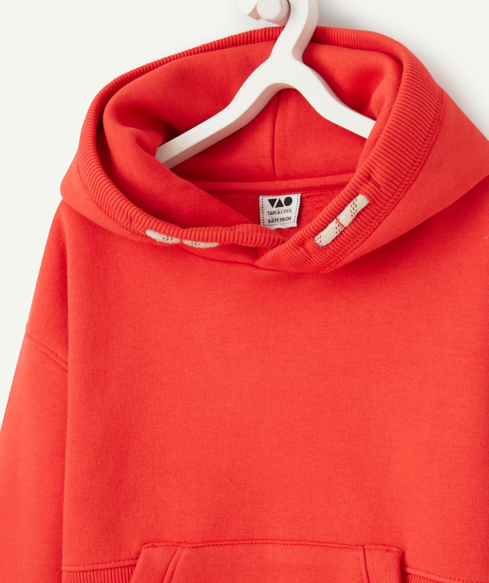SWEAT À CAPUCHE GARÇON EN FIBRES RECYCLÉES ROUGE AVEC CORDONS