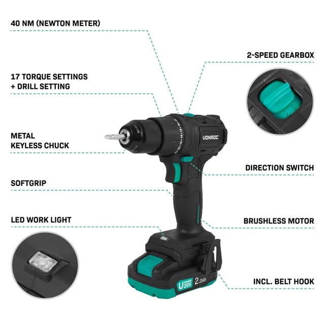 VONROC Boremaskine 20V – PRO | Kompakt & Kraftfuld | Børsteløs Motor | 40Nm Drejningsmoment | 17+1 Indstillinger | Inkl. 2x 2.0Ah Akku & Oplader