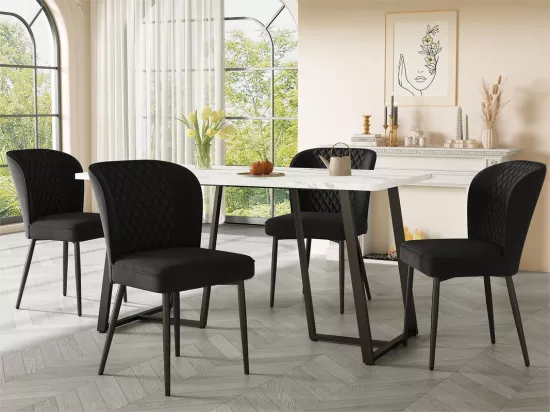 Table à manger 140x80 cm - structure en métal - placage à motif de marbre - Blanc & Noir