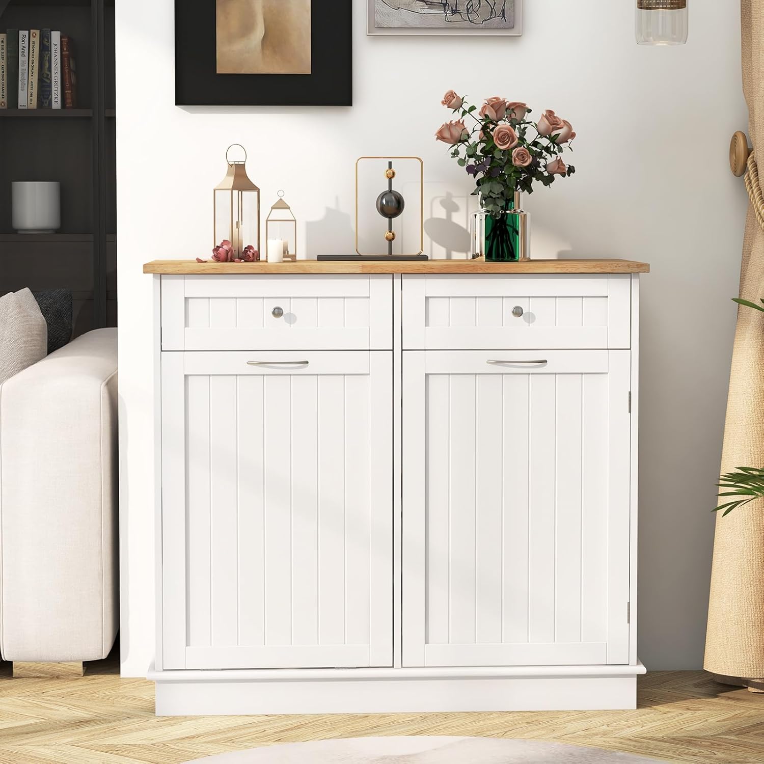 COSTWAY Kommode für Mülleimer 42L, Küchenschrank mit großer Arbeitplatte & 2 Schubladen & verstellbarem Regal, Mülleimerschrank mit Mülleimerhalter, Schrank für Küche ohne Mülleimer (Weiß)