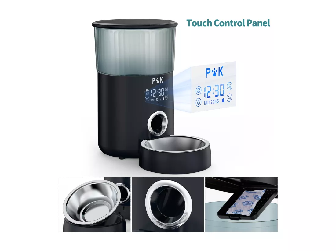 p&k LCD Distributeur Croquettes 4L Chats/Chiens Distributeur Automatique de Nourriture avec Bol en Inox Fonction d'enregistrement 5 Repas/Jour,Noir