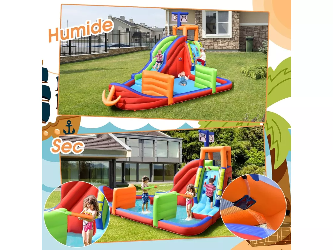 Château Gonflable Bateau Pirate 6 en 1, avec Toboggan, Mur d'escalade, Pataugeoire, Jeu de Fléchettes, Lancer d'Anneaux et Pistolets à Eau (avec Souffleur)