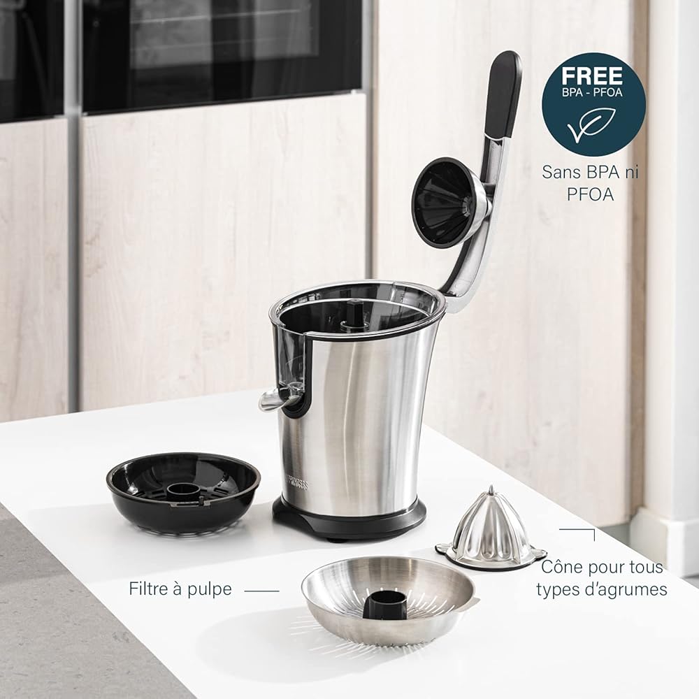 Princess Presse-agrumes Master Pro – C?ne en acier inoxydable – 300 W – Filtre à pulpe en inox – Bras à levier professionnel – Réservoir avec système anti-goutte – 201860 : Cuisine et Maison