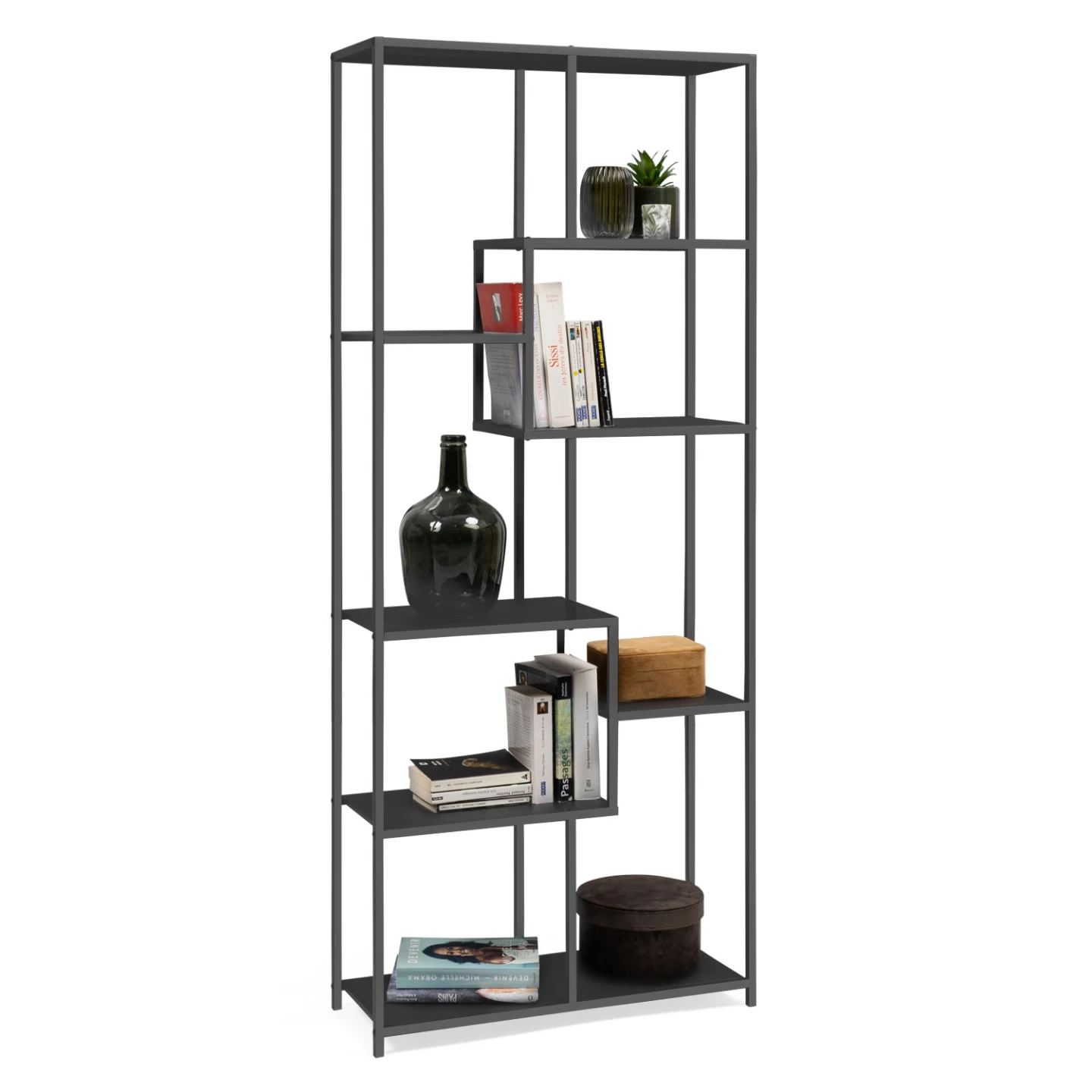 Etagère bibliothèque asymétrique 8 niveaux DAVIS en métal noir mat design industriel 161 cm