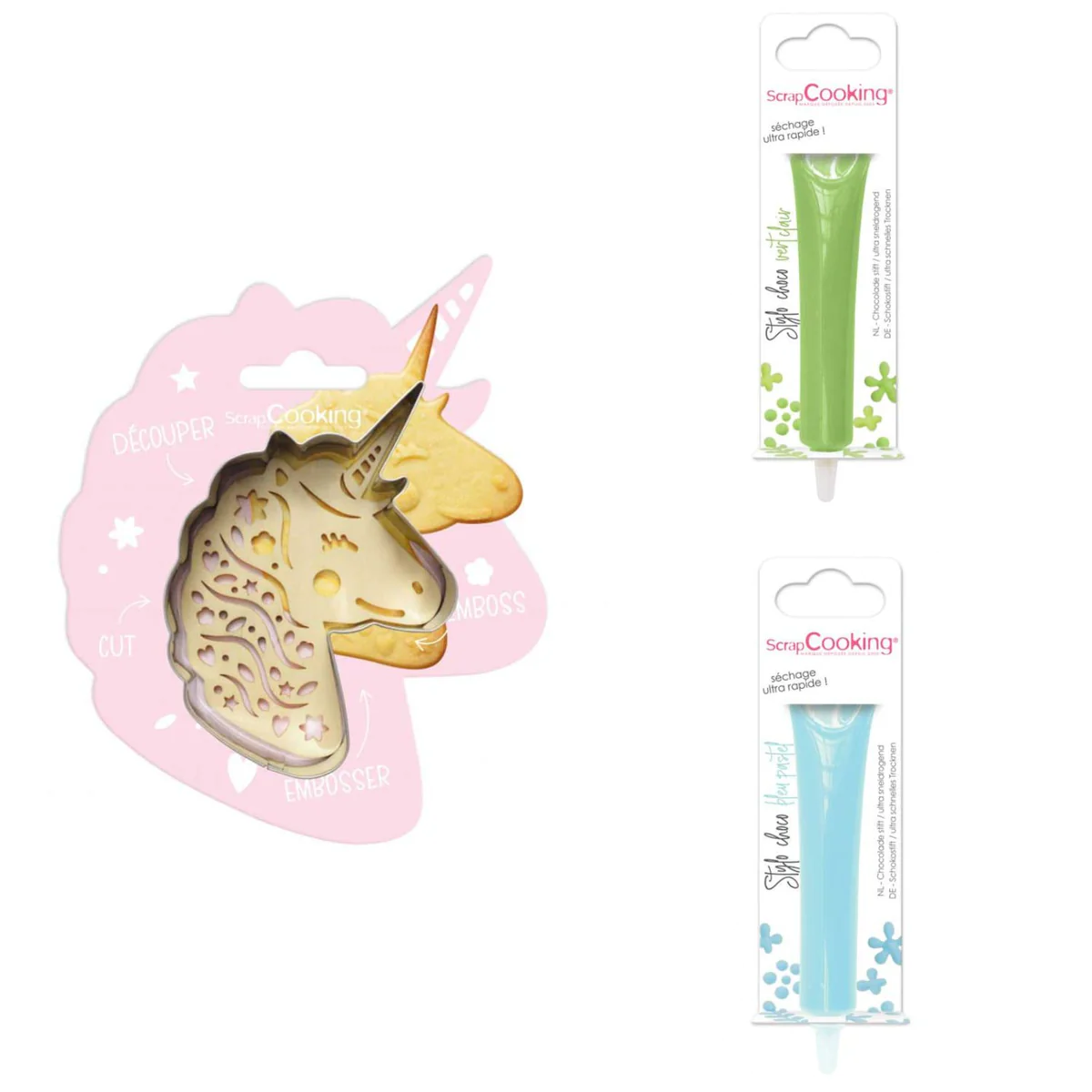 Kit pour biscuit en relief Licorne + 2 Stylos au chocolat vert clair e