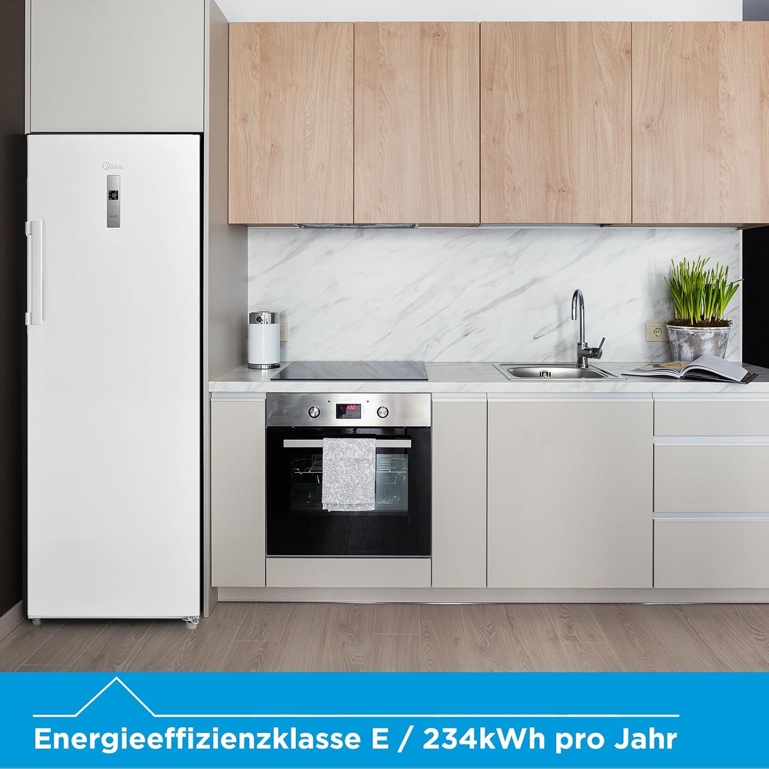 Midea MDRU333FZE01 Gefrierschrank/Kühlschrank/172,2 cm hoch/NoFrost/Flexible Kühl- und Gefrierfunktion/Superkühl/238L/Große Fächer/Zero Clearance/Easy Open Handgriff/Wechselbarer Türanschlag/Weiß