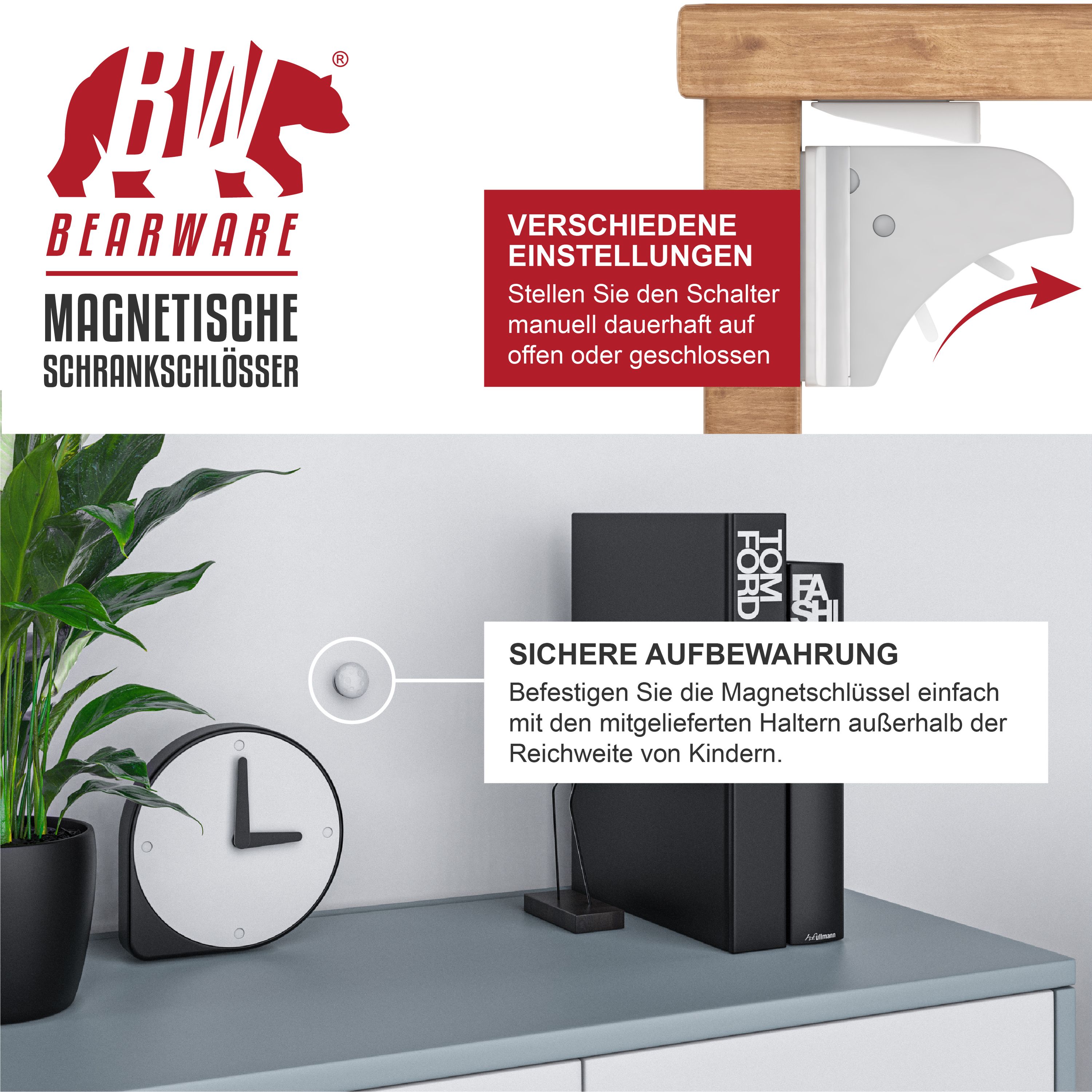 BEARWARE Babysicherung Schrankschloss - Schranksicherung Kindersicherung magnetisch - 10 Schlösser + 2 Magnet Schlüssel