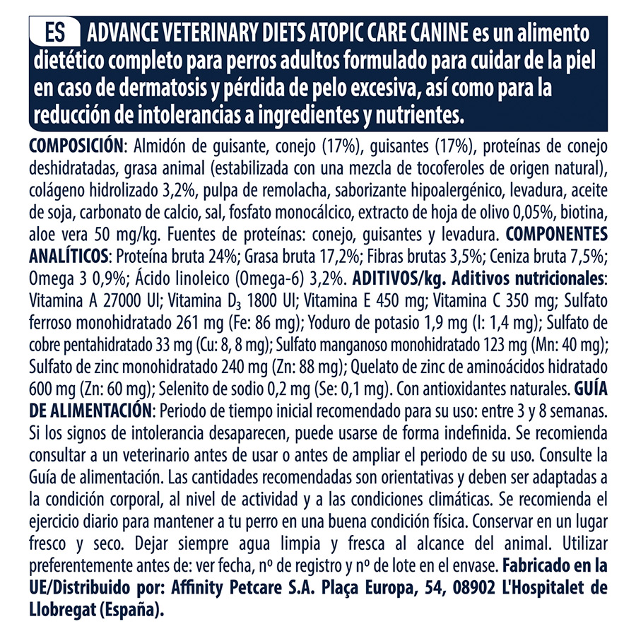 kg de ração Advance Veterinary Diets Atopic para cães, sabor coelho e ervilha.