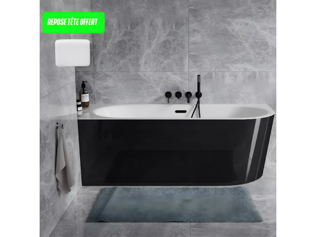 Baignoire d'angle Noir et Blanc + Siphon Chrome et Vidage inclus + Repose tête - AVITA S CLASSE - GAUCHE - 170 x 75 cm