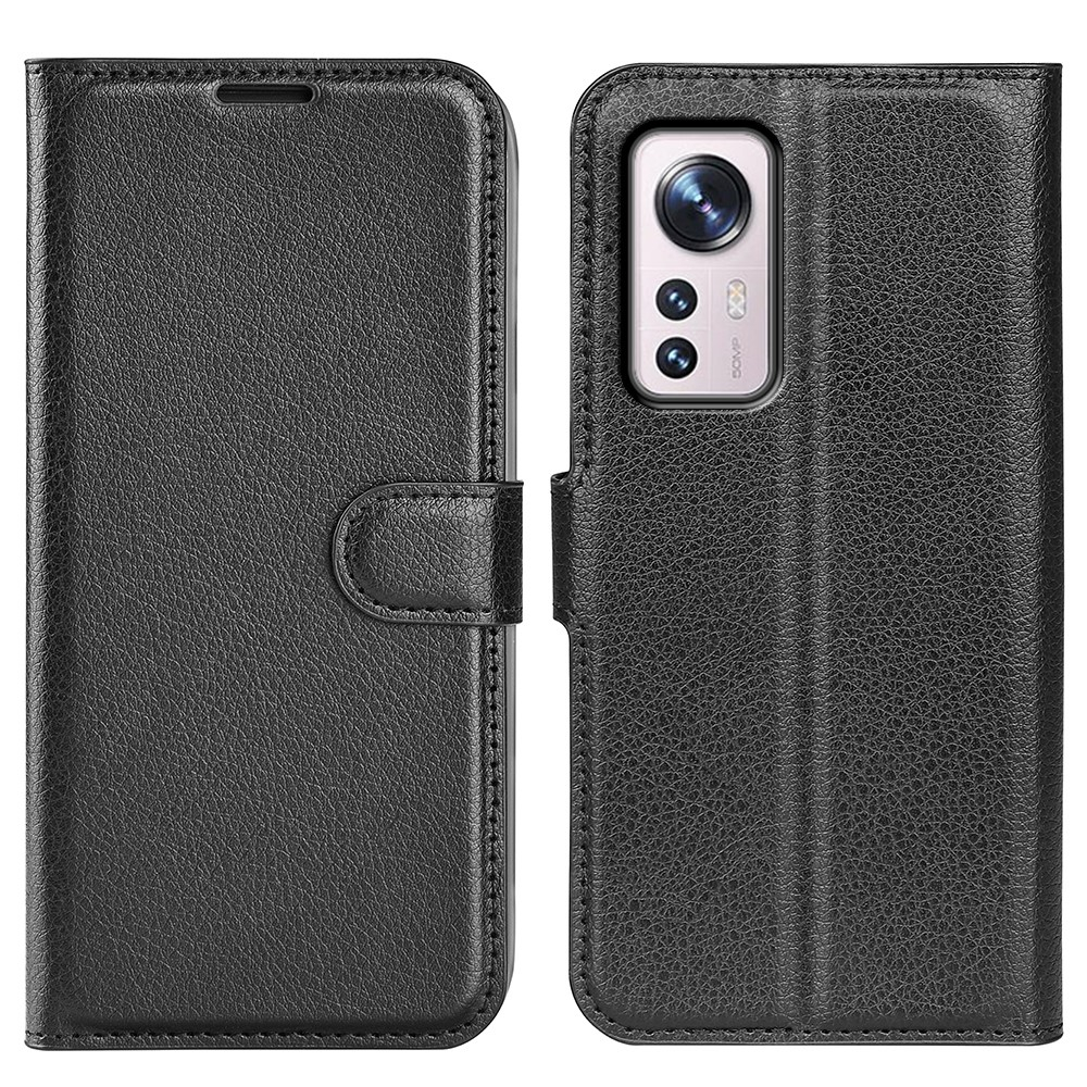 Xiaomi 12 Leder Tasche Flip Cover Litchi Look - Schwarz