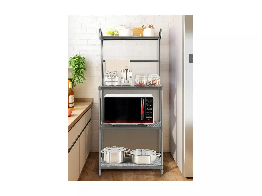 Étagère de Cuisine, Etagère de Micro-Ondes et Four en Métal Robuste Meuble Rangement sur Pied à 4 Niveaux Multifonctionnelle 60 x 34,5 x 136 CM Gris avec Pieds Réglables