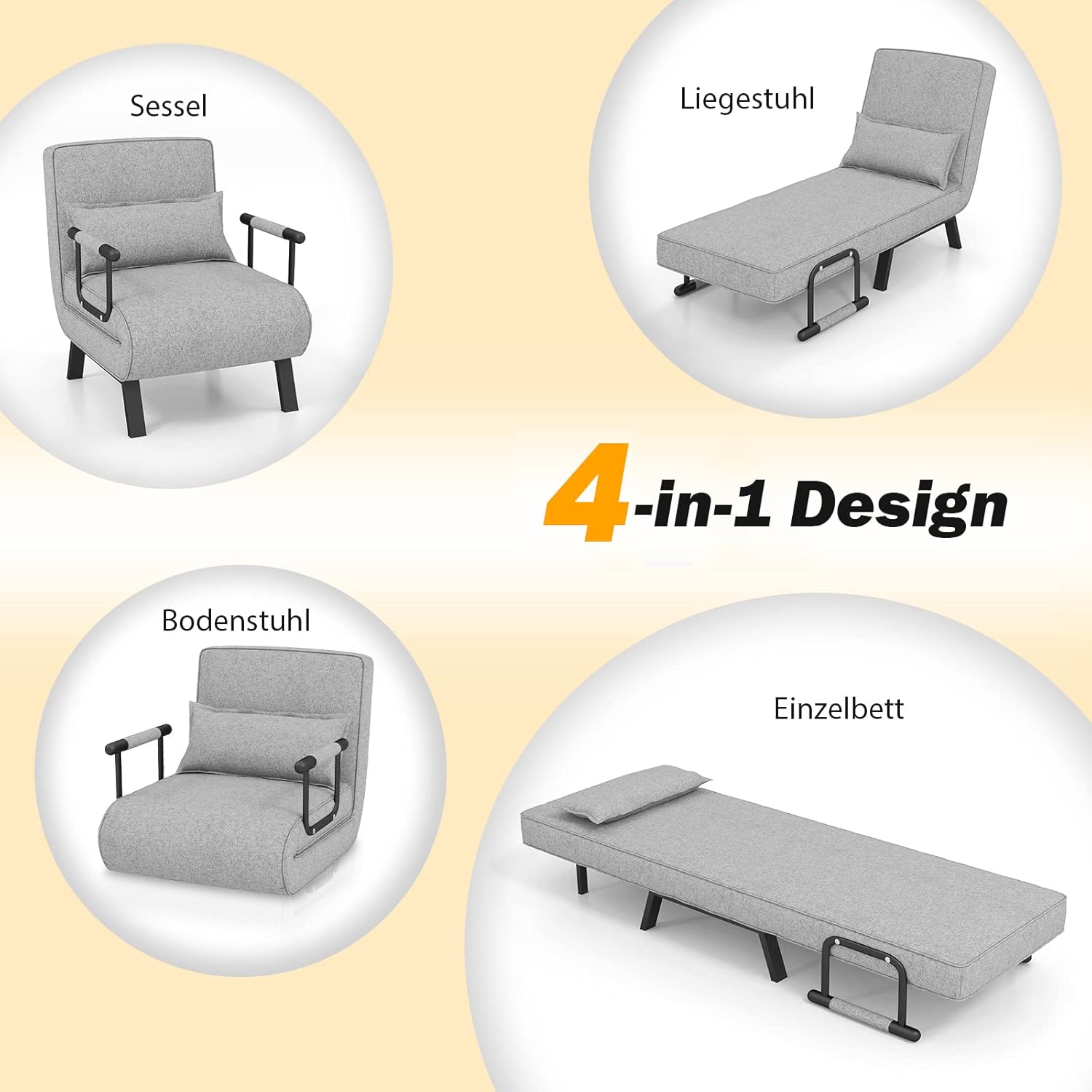 COSTWAY 4 in 1 Schlafsessel mit Bettfunktion, klappbares Schlafsofa mit verstellbarer Rückenlehne & abnehmbarem Kissen, Klappsessel, Klappbett, Sofabett mit Metallrahmen bis 150 kg belastbar, Hellgrau