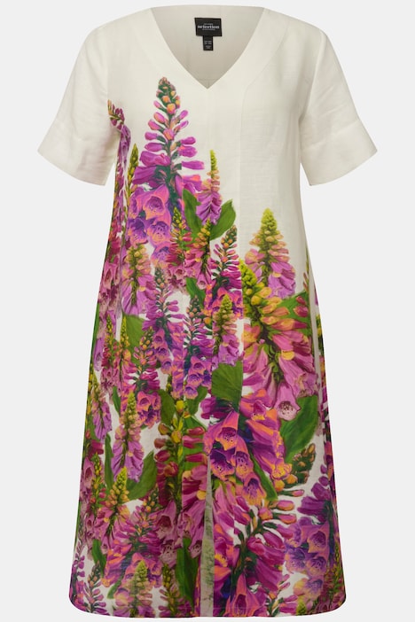Leinen-Midikleid, Blüten, V-Ausschnitt, Halbarm
