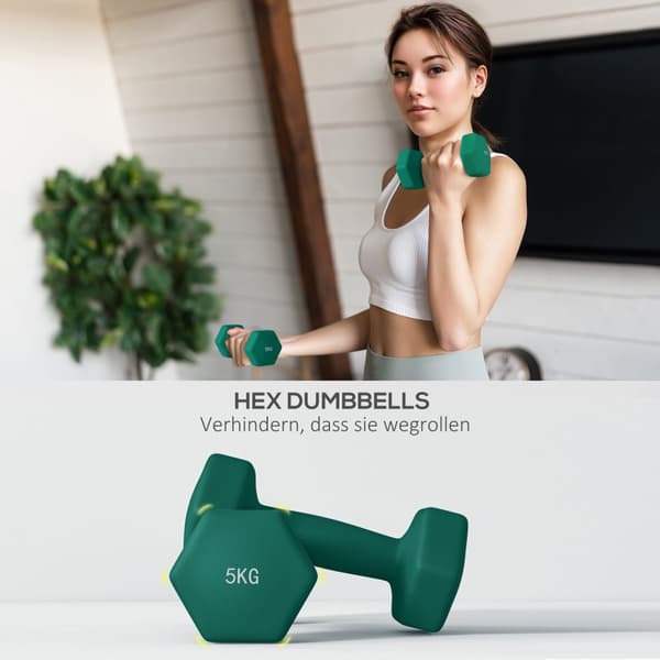 Sett med 6 manualer 2 x 3 kg, 2 x 4 kg, 2 x 5 kg, manualsett med stativ, hexagon manualsett, for styrketrening, fitness hjemmetrening, grå+grønn+turki