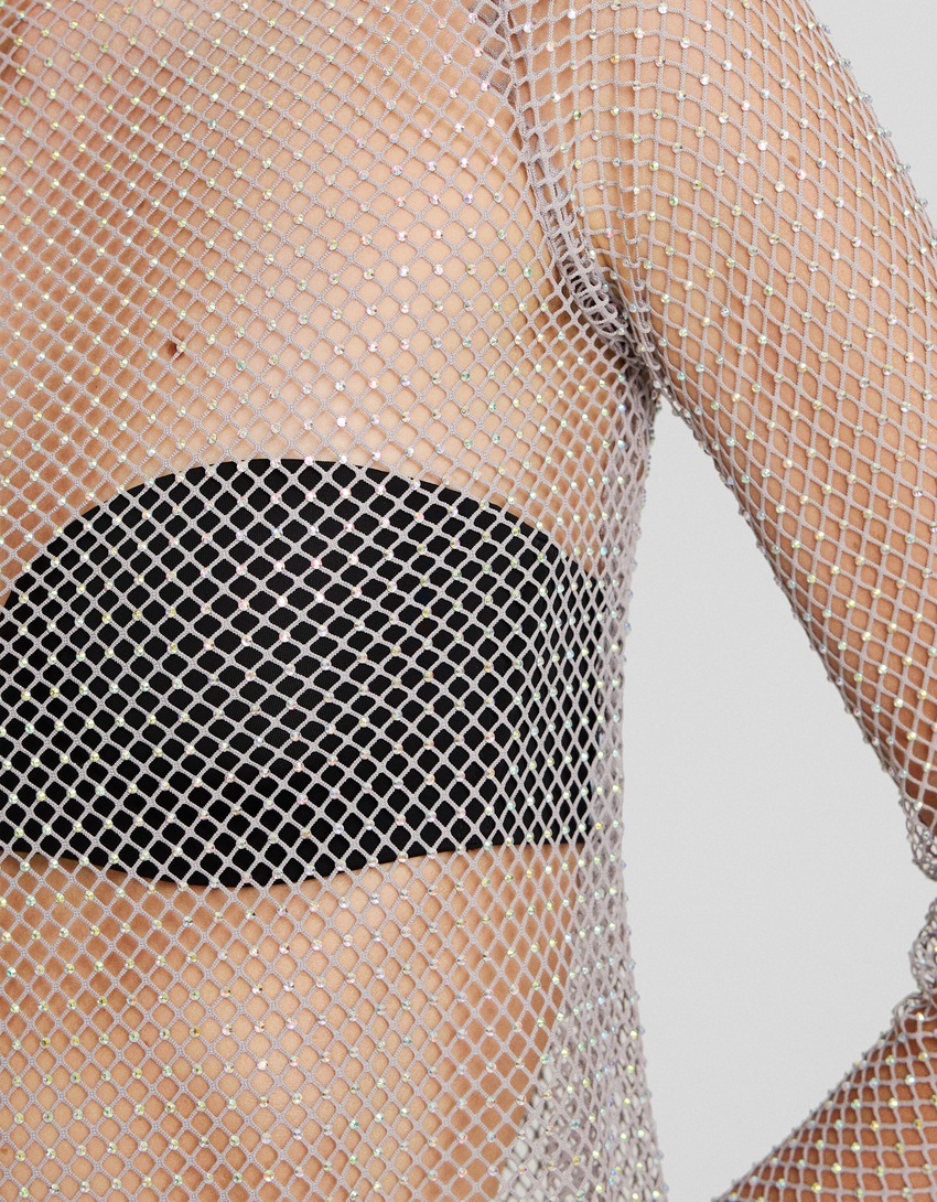 Camiseta de manga comprida em malha com strass