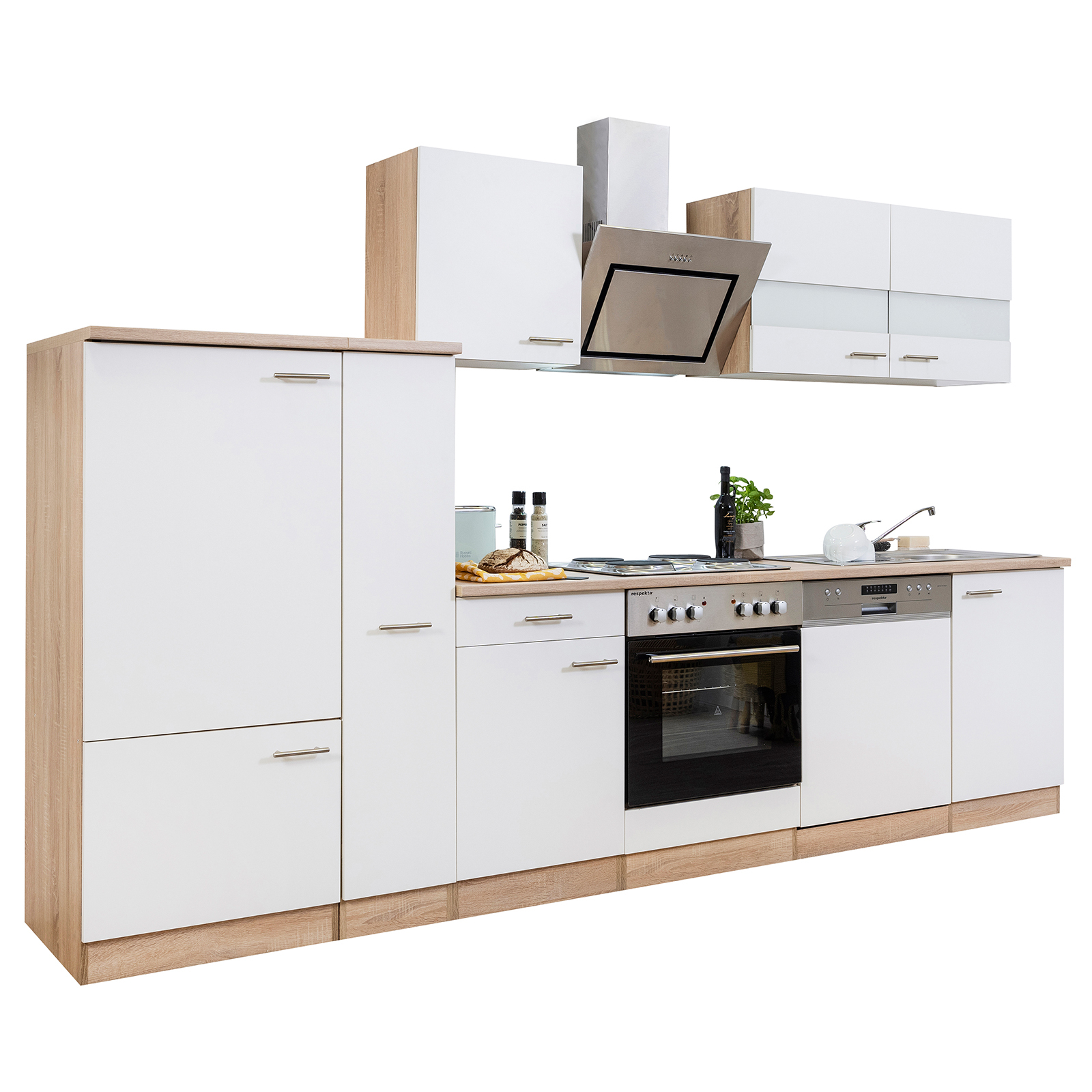 RESPEKTA Küchenzeile - weiß - Eiche sägerau - mit E-Geräten - 310 cm