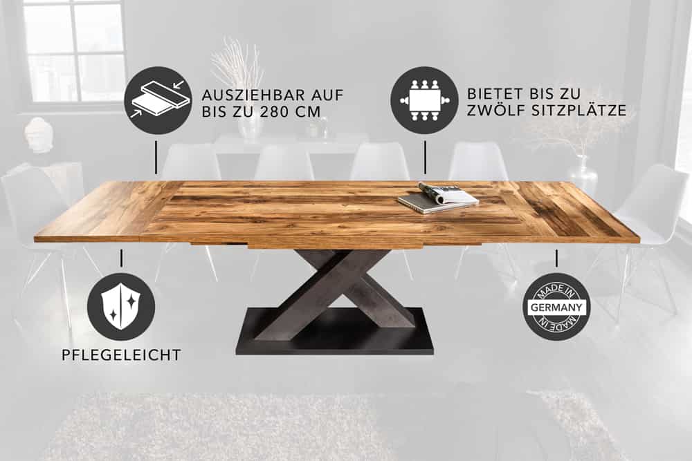 Ausziehbarer Esstisch MONTREAL 180-280cm natur Plankeneiche Holz-Design Schwarzstahl