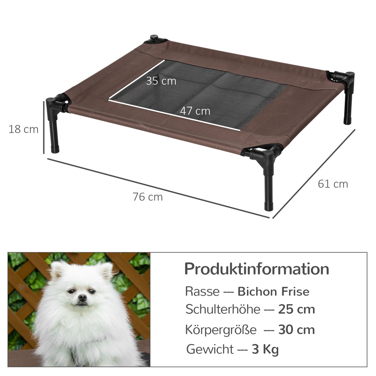 PawHut hondenbed, 76L x 61B x 18H cm, stalen frame, 600D Oxford stof, bruin