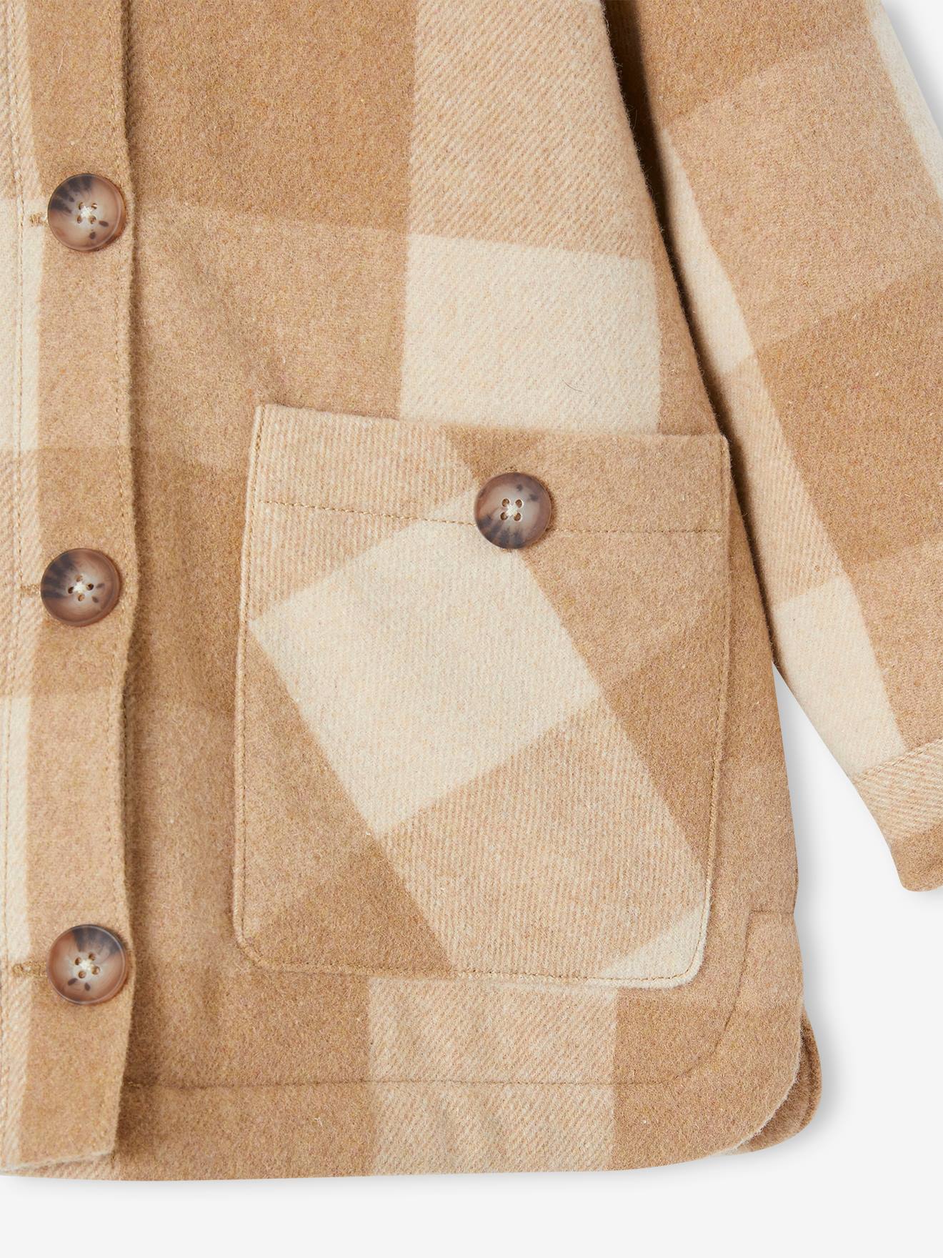 Casaco xadrez de lã para meninas, estilo sobrecamisa, xadrez marrom.