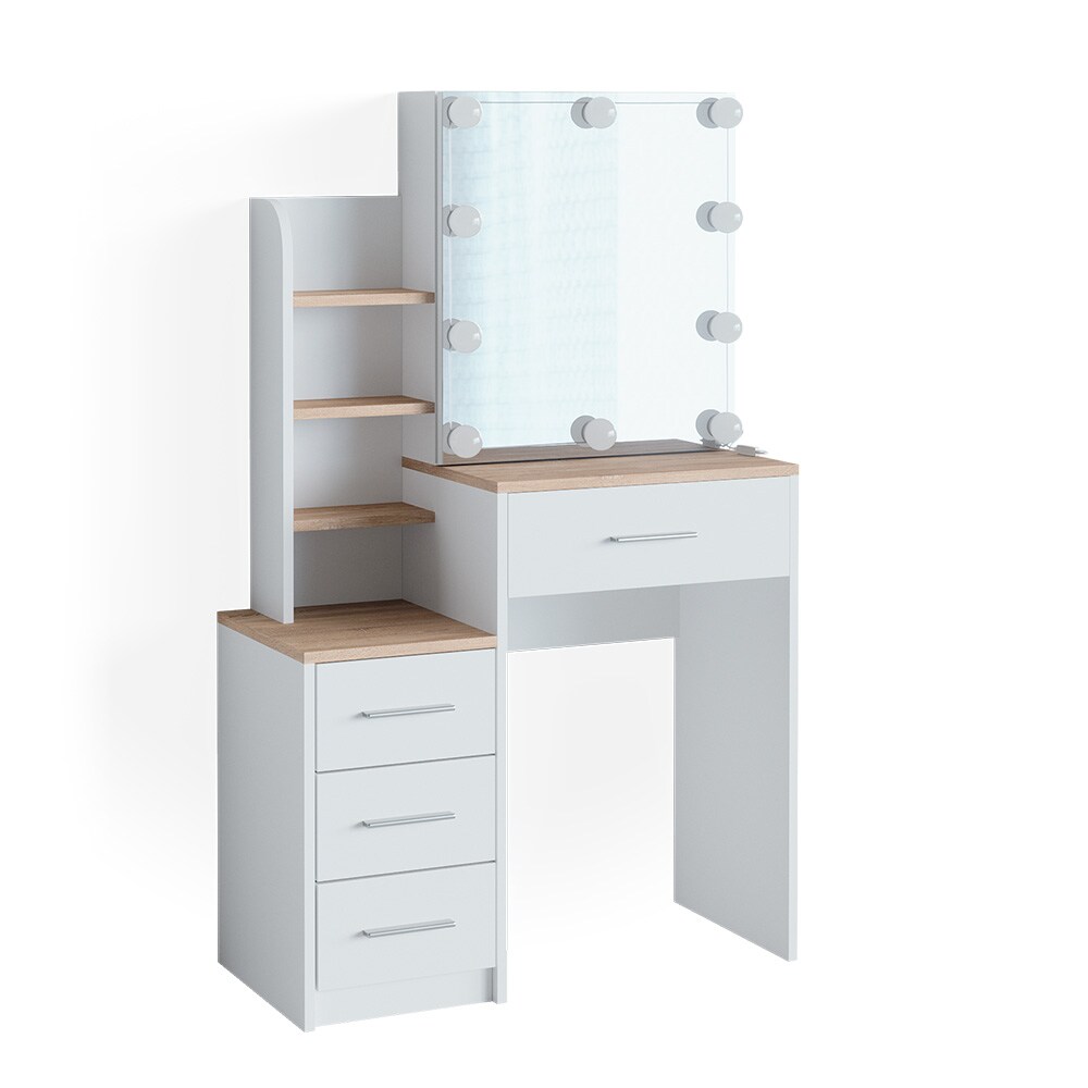 Vicco Schminktisch Frisiertisch Kosmetiktisch Conrada Weiß Sonoma Schminkspiegel 80x132 modern LED Beleuchtung Schlafzimmerkommode Schminkkommode Schublade Spiegelschrank Frisierkommode Make-Up-Tisch