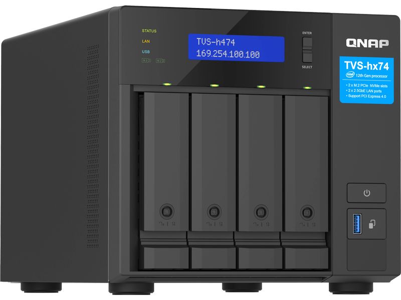 QNAP TVS-h474-PT-8G 4-bay Hochzuverlässiger ZFS-basierter Speicher mit PCIe Gen 4 Erweiterbarkeit für 10/25 GBE Konnektivität, M.2 NVMe SSD-Caching und Multi-Thread Prozessoren für Virtualisierungsanwendungen