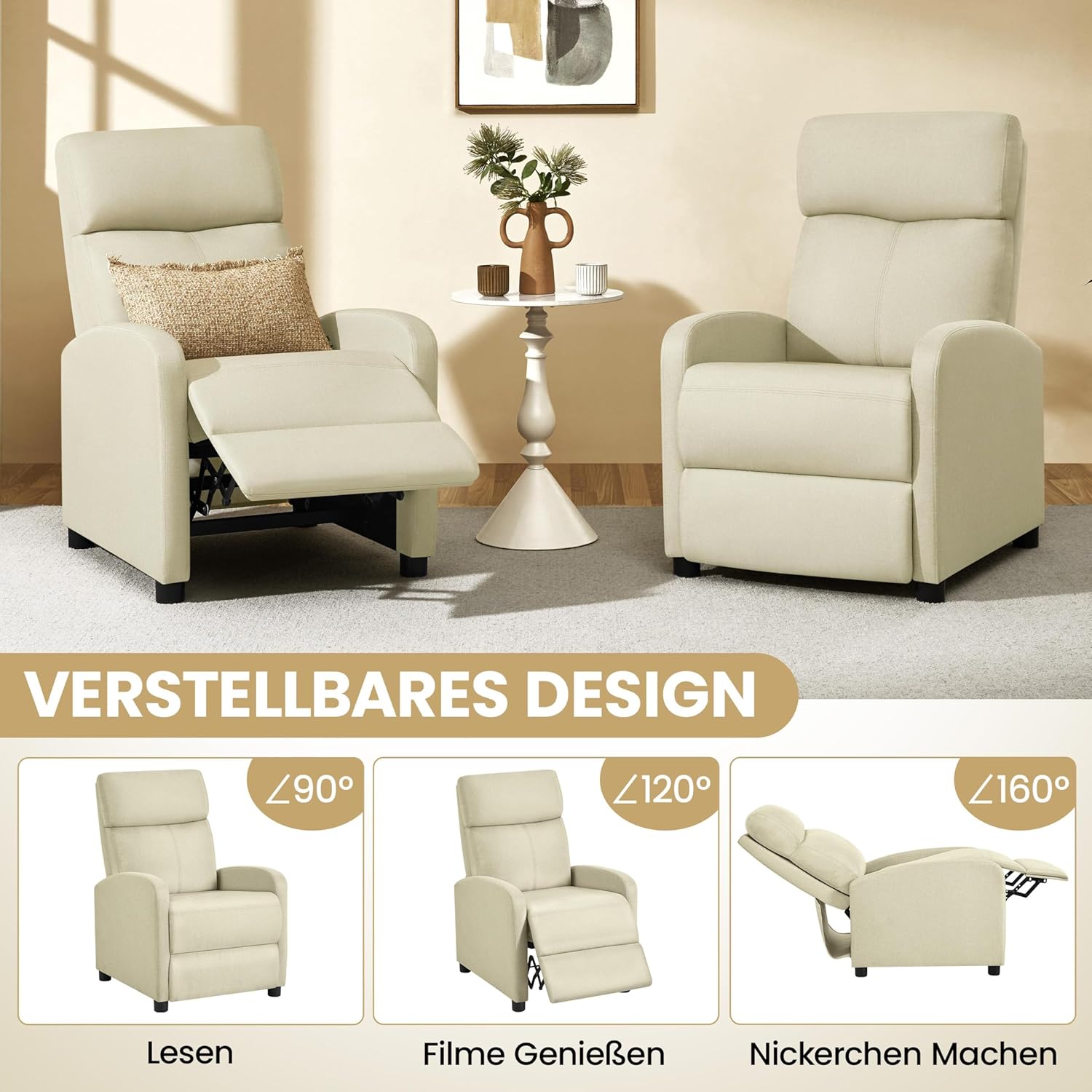 Yaheetech Relaxsessel Fernsehsessel Einzelsofa Ruhesessel mit Verstellbarer Beinablage Liegesessel aus Leinenstoff Beige